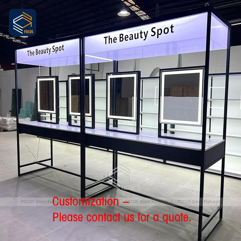 custom.Custom Retail Beauty Makeup Try on Station Metal Frame Lighted Mirror Display Counter Workstation