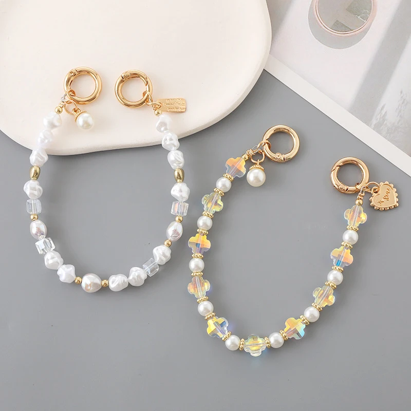 Special-shaped Pearl Four-leaf Clover Beaded Mobile Phone Chain Anti-Lost Phone Lanyard Keychain Bag Chain Camera Earphone Chain