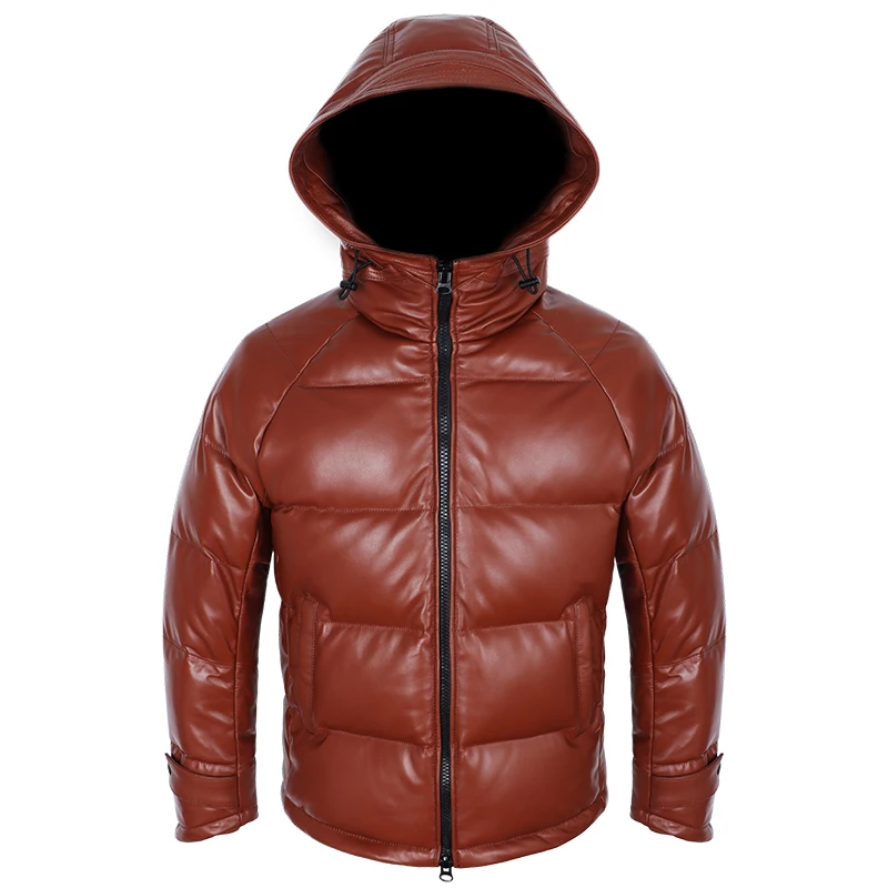 Winter New Top Layer Sheepskin Down Coat Men\'s Genuine Leather Jackets 400g White Duck Down Warm Hooded Leather Puffer Jacket FC