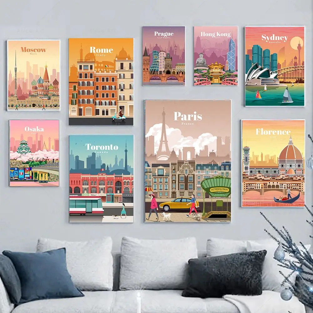 Travel City Canvas Posters Milan Prague Moscow Tokyo Sydney Prints Cartoon Landscape Wall Art Picture for Living Room Decoration