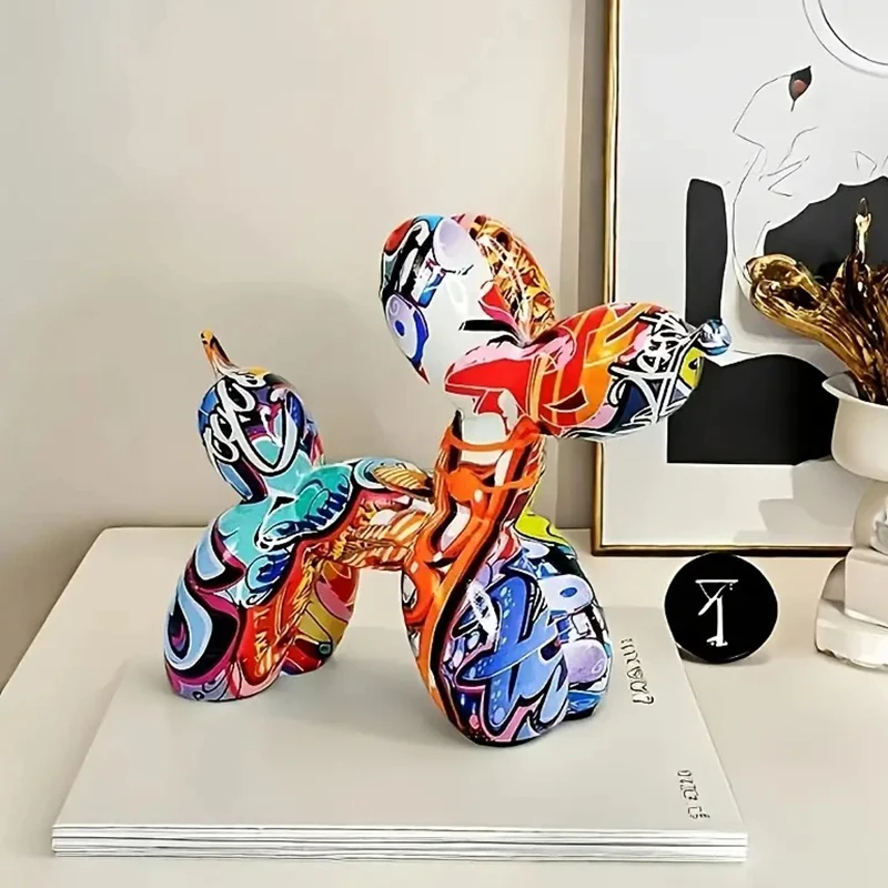 Graffiti Ballonhund Kunststoff-Skulptur Bunte Welpen-Figur Moderne Wohnzimmer-Dekoration Schlafzimmer Tischdekoration