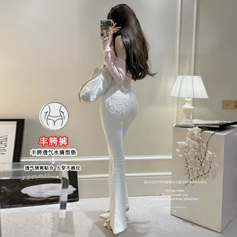 

Женские джинсы с высокой талией, облегающие, с встроенными накладками на бедрах, бантовыми элементами и 3D-карманами, модные расклешенные брюки.