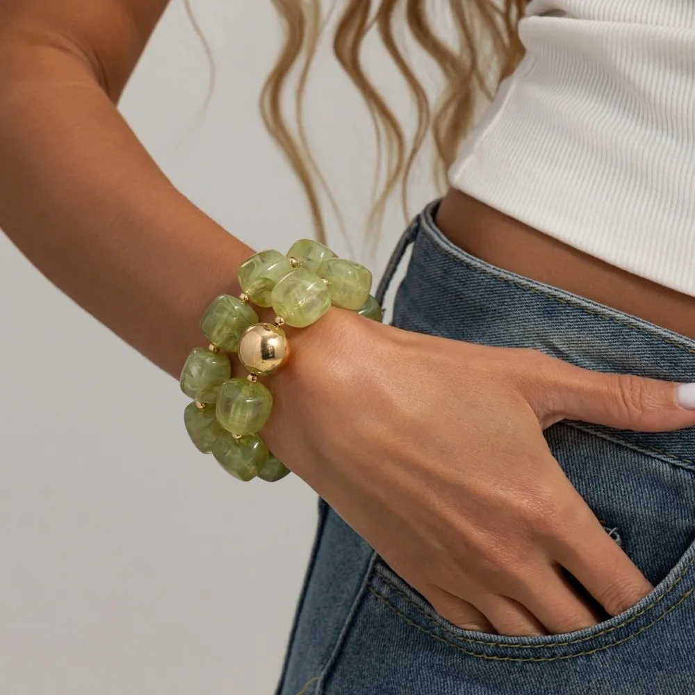 2Pcs/Set Resin Beaded Bracelet Irregular Stone Colorful Stackable Bracelet Elastic String Boho Bracelet Jewelry Accessories