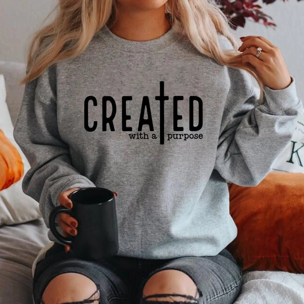Created with A Purpose Sweatshirt Faith Hoodie Bible Saying Sweatshirt Unisex Long Sleeve Pullover Men Women Graphic Hoodies Top