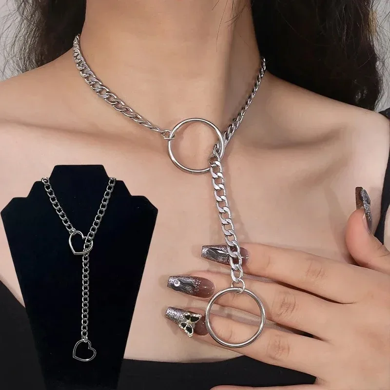 Y2K Collana con ciondolo a forma di cuore con catena antiscivolo color argento Collana con colletto dal design minimalista da donna Accessori per feste Hip Hop Rock