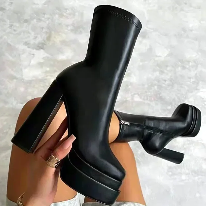 Winter Chunky High Heels Ankle Shoes for Women Punk Style Zipper Thick Platform Elasticity Microfiber Boots Botines Mujer 204