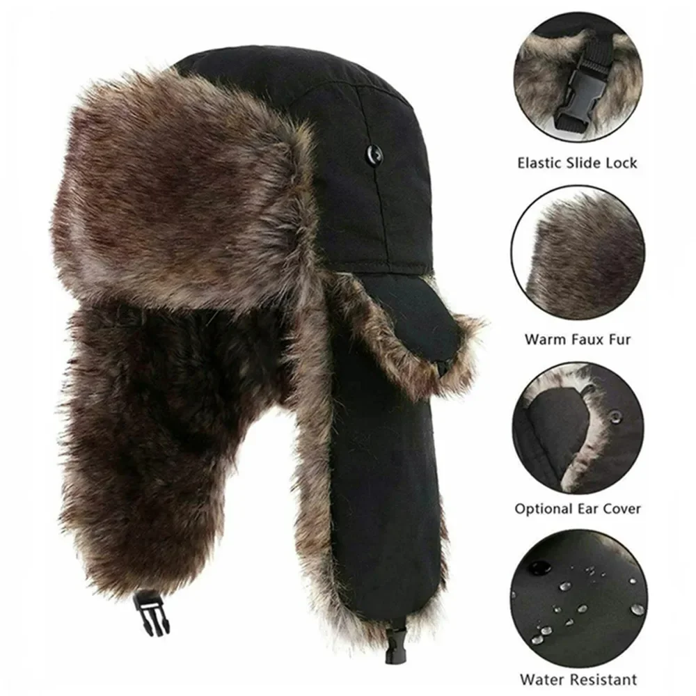 Men's Winter Trapper Aviator Trooper Earflap Warm Russian Waterproof Ski Hat Bomber Cap Russian Warm Ear Protectors Hats