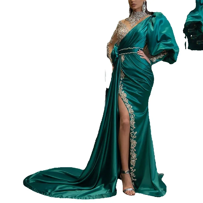 Evening Party Dress Women Elegant Beading Side Split Satin Lantern Sleeve Green Wedding Prom Gown Long Maxi Dresses 2021