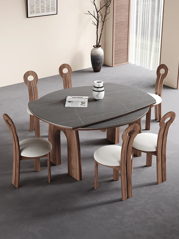 Folding solid wood dining table and chair rock plate American French telescopic square variable round table small household type