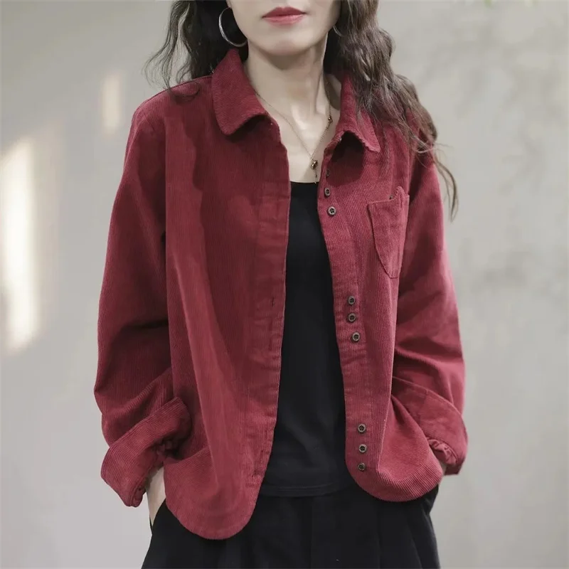 2024 Women Lapel Collar Corduroy Shirt Coat Spring And Autumn Female Long Sleeved Cardigan Blouse Jacket Korean Ladies Blaus Top