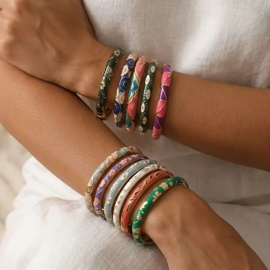 Boho Colorful Enamel Stacking Bangle for Women Mediterranean Resort Floral Evil Eye Bracelet Maximalist Arm Party Jewelry