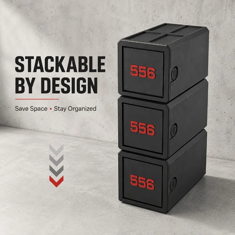 5.56 Ammo Storage Box, Bullet Organizer, 50 Round Capacity, Drawer Design, Durable Stackable Tactical Case for Hunting Shooting