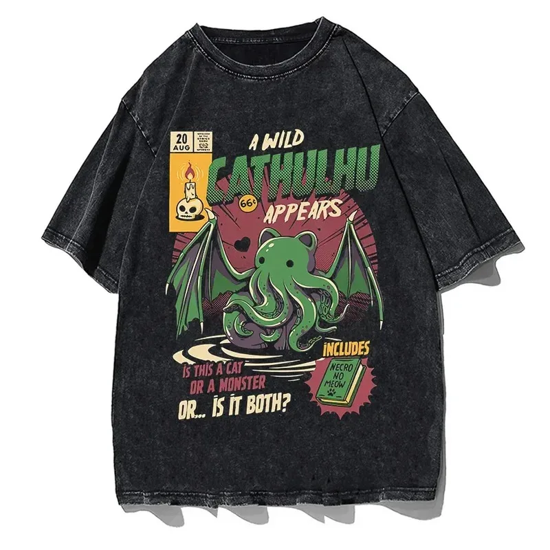 

Cathulhu T-Shirt American Trend Fashion Street Must-Have Retro Printed Men'S Washed T-Shirt Round Neck Cotton Short Sleeved Top