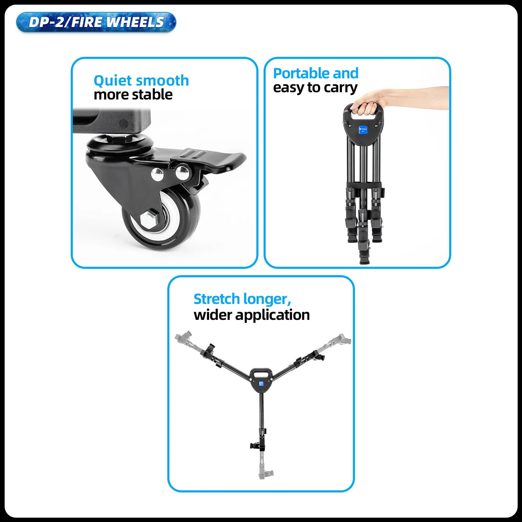 Fotopro Professional การถ่ายภาพขาตั้งกล้อง Dolly อลูมิเนียม Heavy Duty ขาตั้งกล้องล้อสําหรับกล้องวิดีโอแสงวิดีโอ DP2