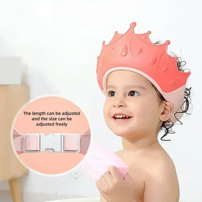 Coroa touca de banho do bebê crianças dos desenhos animados viseira de banho infantil protetor de cabelo proteção de ouvido à prova dwaterproof água do bebê tamanho ajustável shampoo boné