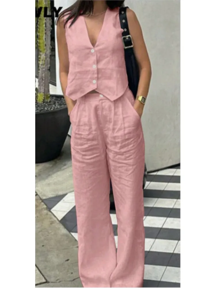 

Summer Casual Button Vest Trouser Suit V-neck Vest Fashion Elegant Balck Holiday Party Woman 2 Piece Set Outfit Womens Clothing
