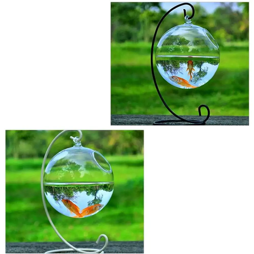 Round/Rectangle Shape Hanging Glass Aquarium Fish Tank Fish Bowl Transparent Vase Ornament With Rack Holder Home Decoration