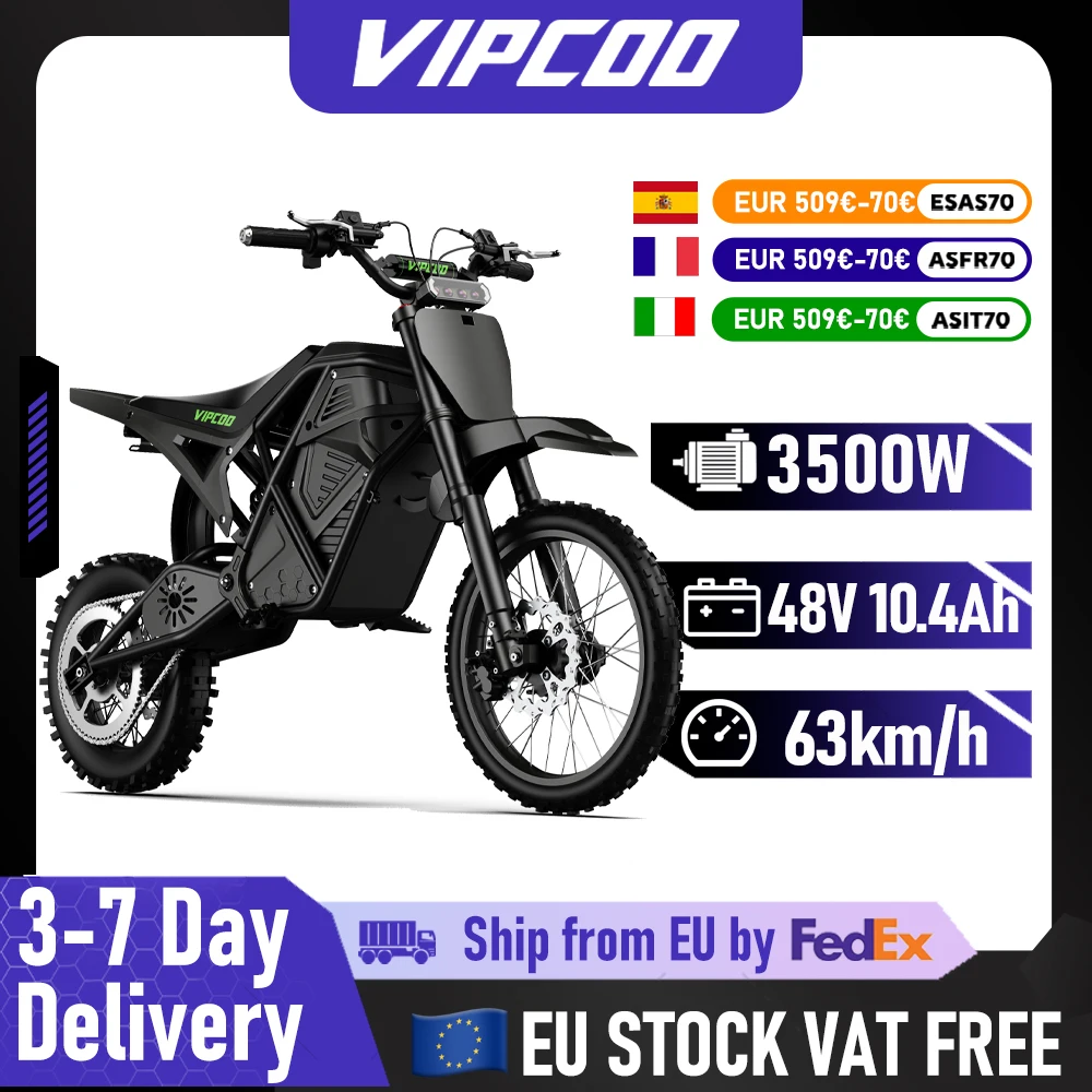 Moto électrique tout-terrain VIPCOO H3 3500W 48V 23AH, moto électrique à pneus larges, suspension à azote, moto tout-terrain électrique pour adolescents et adultes
