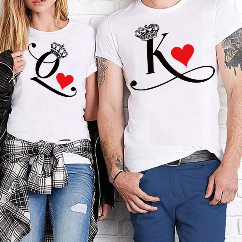 

King Queen Couples T Shirt Queen Crown Print Couple Tshirt Summer Fashion Woman T-shirt Casual O-Neck Tops Lovers Tee Shirt