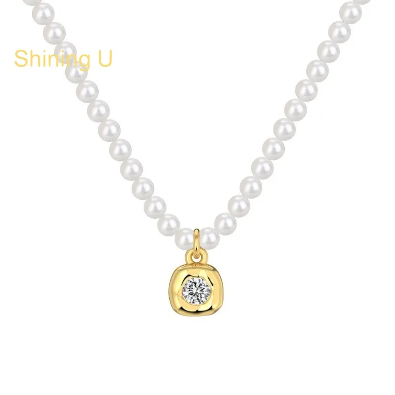 

Shining U S925 Silver Pearl Necklace for Women Fine Jewelry Anniversary Wedding