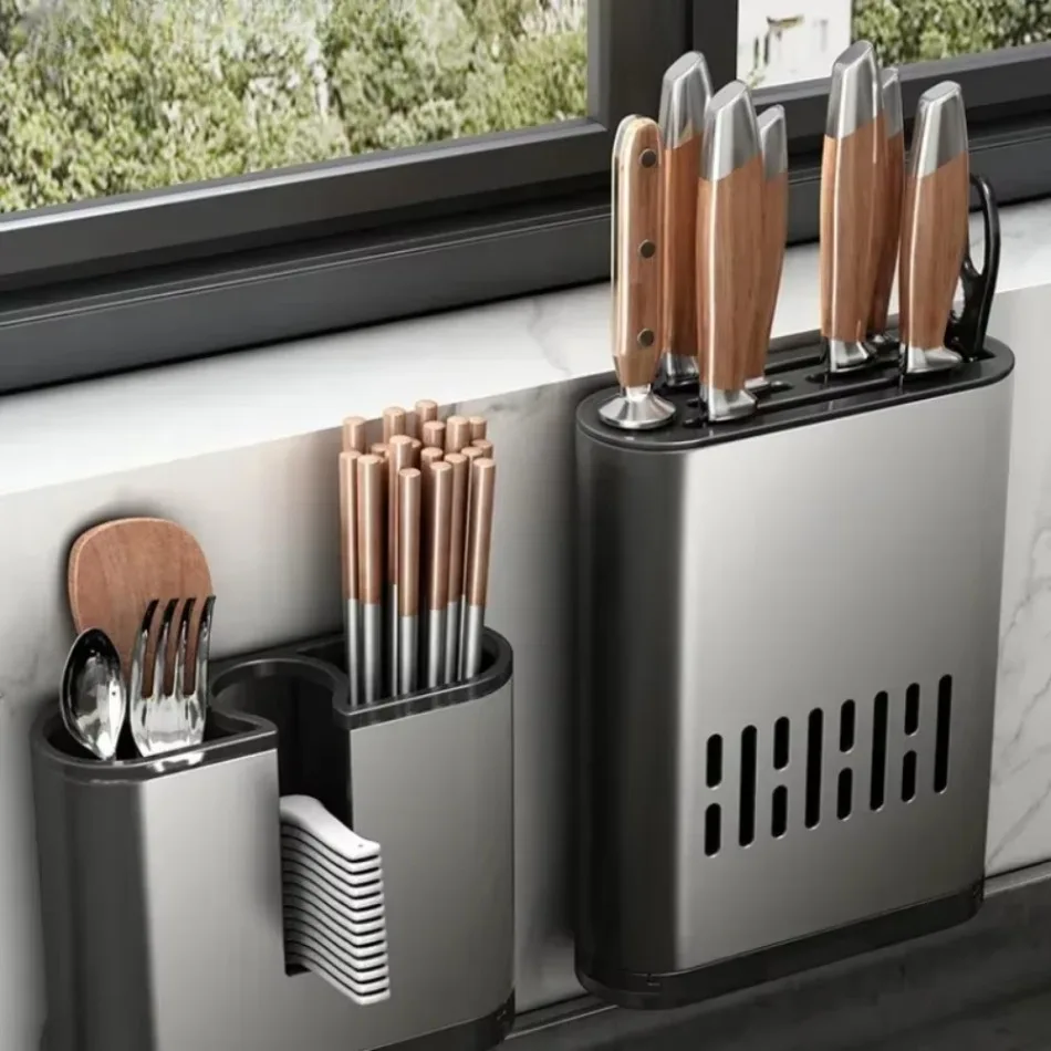 Mehrzweck-Essstäbchenhalter mit Abtropfschale, Löffel-Aufbewahrungsregal, nicht perforiert, Platz für Essstäbchen aus Aluminium