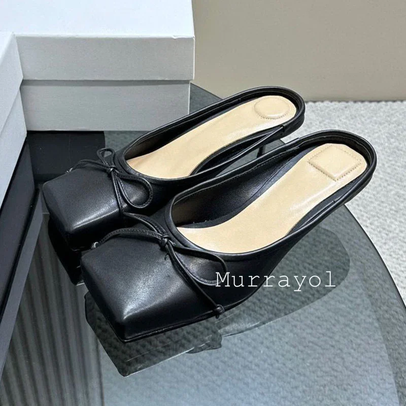 Nuove punta quadrata punta chiusa pantofole con tacco basso donna vera pelle con nodo a farfalla sandali eleganti scarpe estive pompe muli