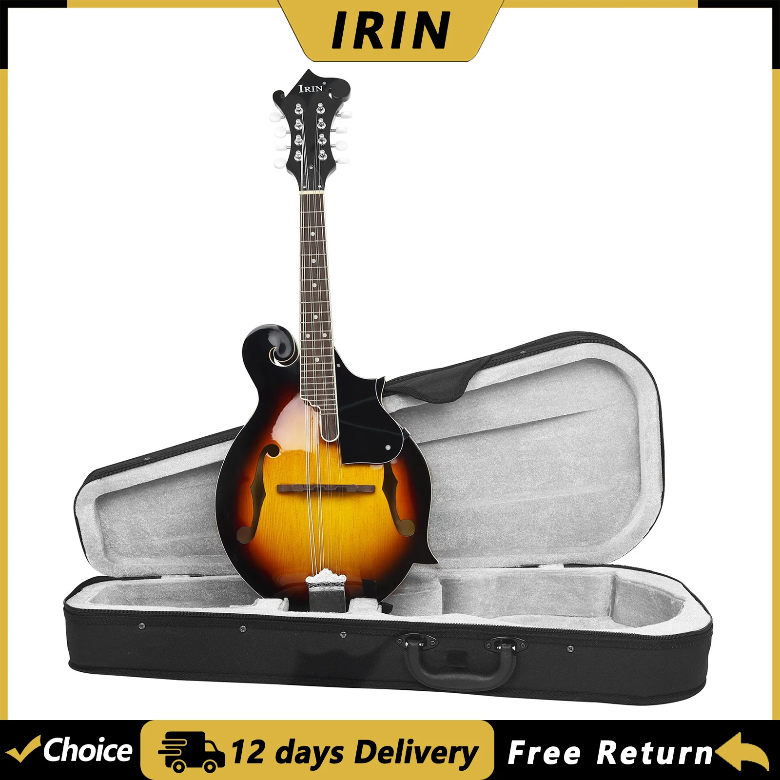 IRIN MD-70 8 Strings Mandolin Spruce Plywood Maple Back Sides F Style Acoustic Mandolin Guitar Stringed Instrument with Case