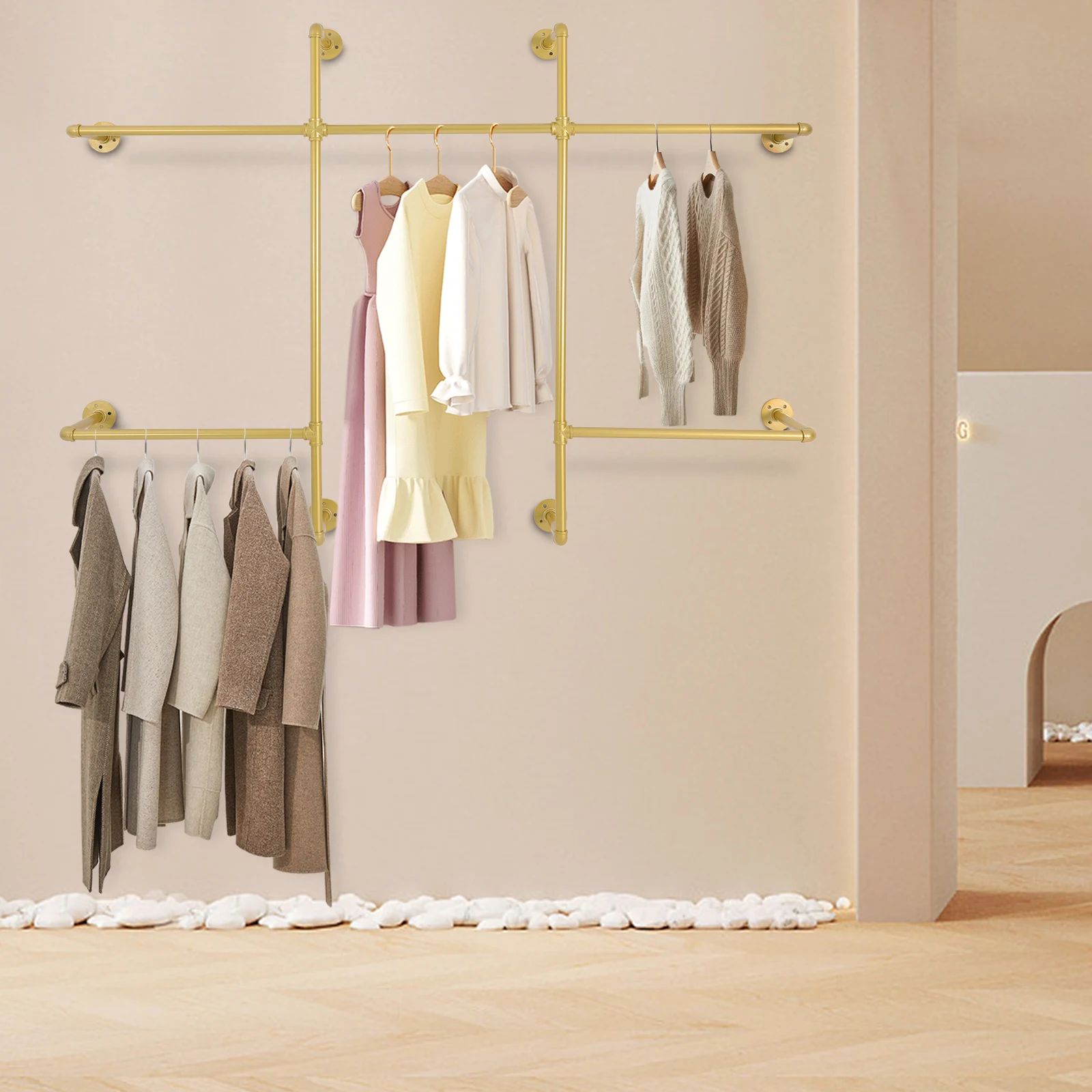 

Golden Iron 180*24.9*130cm Five-bar Wall-hung Clothing Display Rack High Load-bearing Rack Cloakroom Hanger