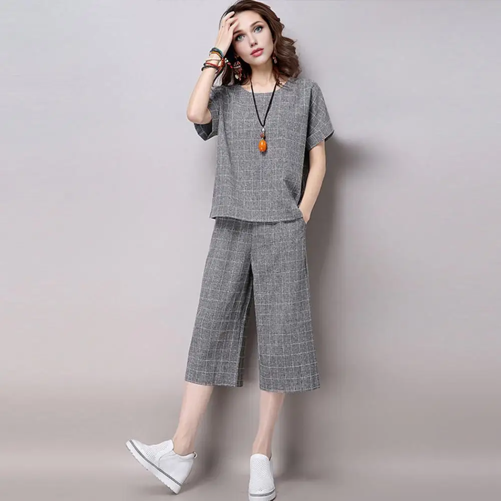 여성 투피스 세트, 스타일리시한 여성 체크무늬 투피스 의상, 벨보텀 크롭 팬츠 세트, 여름 크루넥 여성용