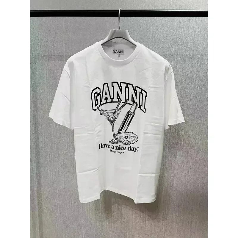 Ganni Brand T Shirt Cotton Casual Short Sleeve Niche Trends Letter Printing Tee Men Women Fashion Parenting Clothing Summer Top