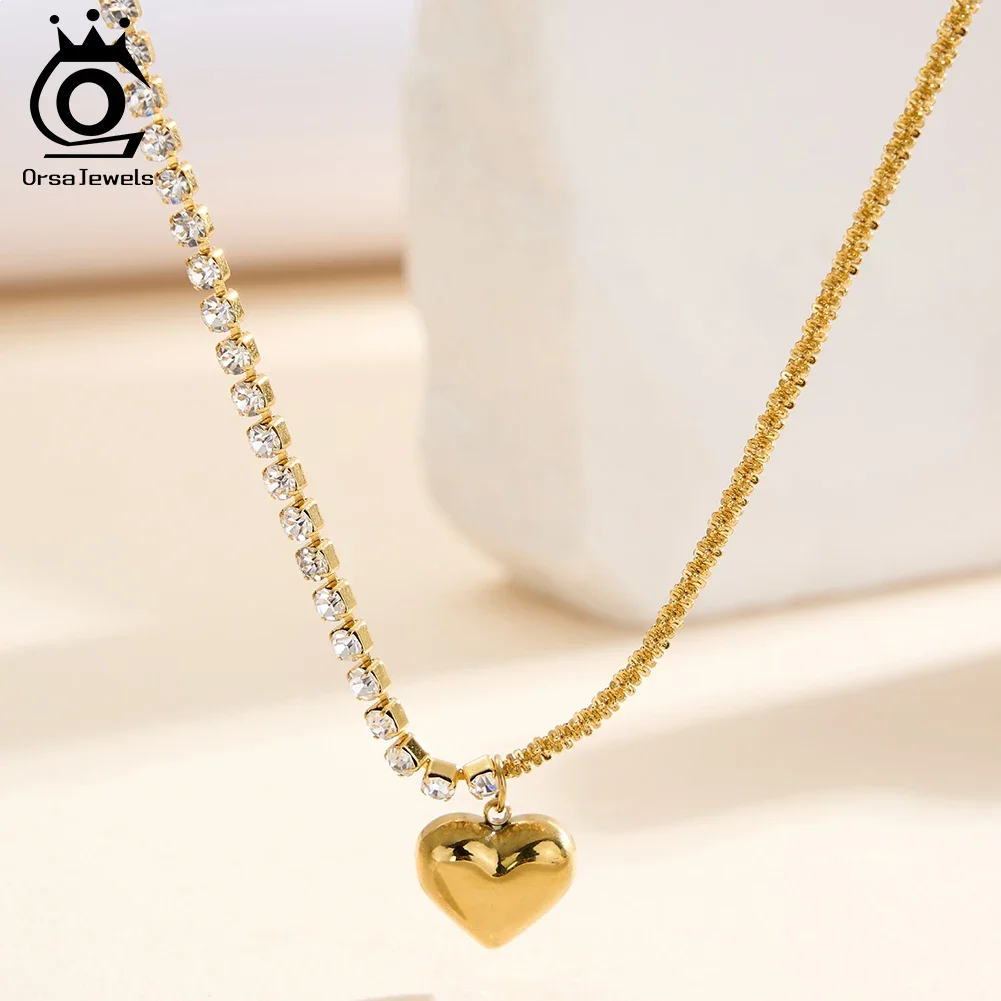 

ORSA JEWELS Stainless Steel Fashion 3mm Tennis Cubic Zirconia Chain Heart Pendant Necklace Exquisite Sparkling Jewelry STKN14