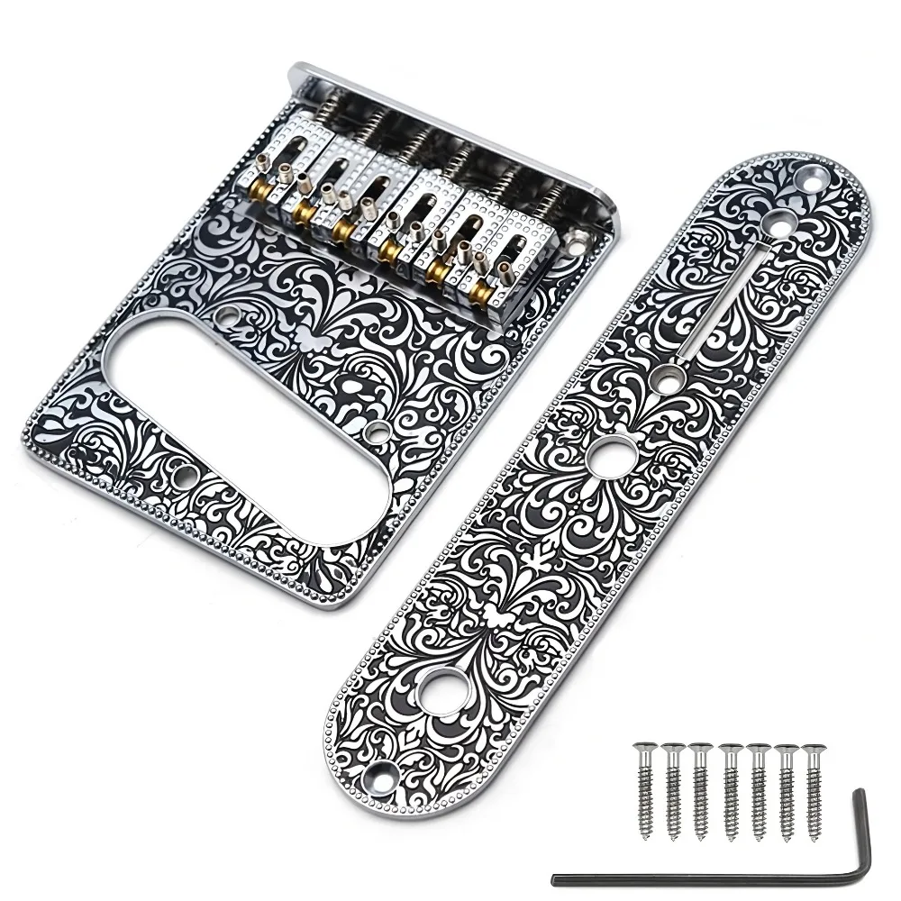 Zinc Alloy For Telecaster Bridge Control Plate Engraved Pattern Silver Color Guitar Saddles Bridge 6 String Guitar Bridge