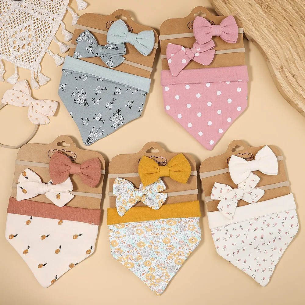 3Pcs/Set Muslin Cotton Baby Bibs Newborn Bows Headband Triangle Saliva Towel Infant Boy Girl Feeding Burp Cloth Kids Accessories