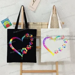 Colour Heart Cat Dog Paw Pattern Canvas Tote Bag Women Fashion Y2K Shopping Bags Student Animal Lover Cartoon Shoulder Handbag