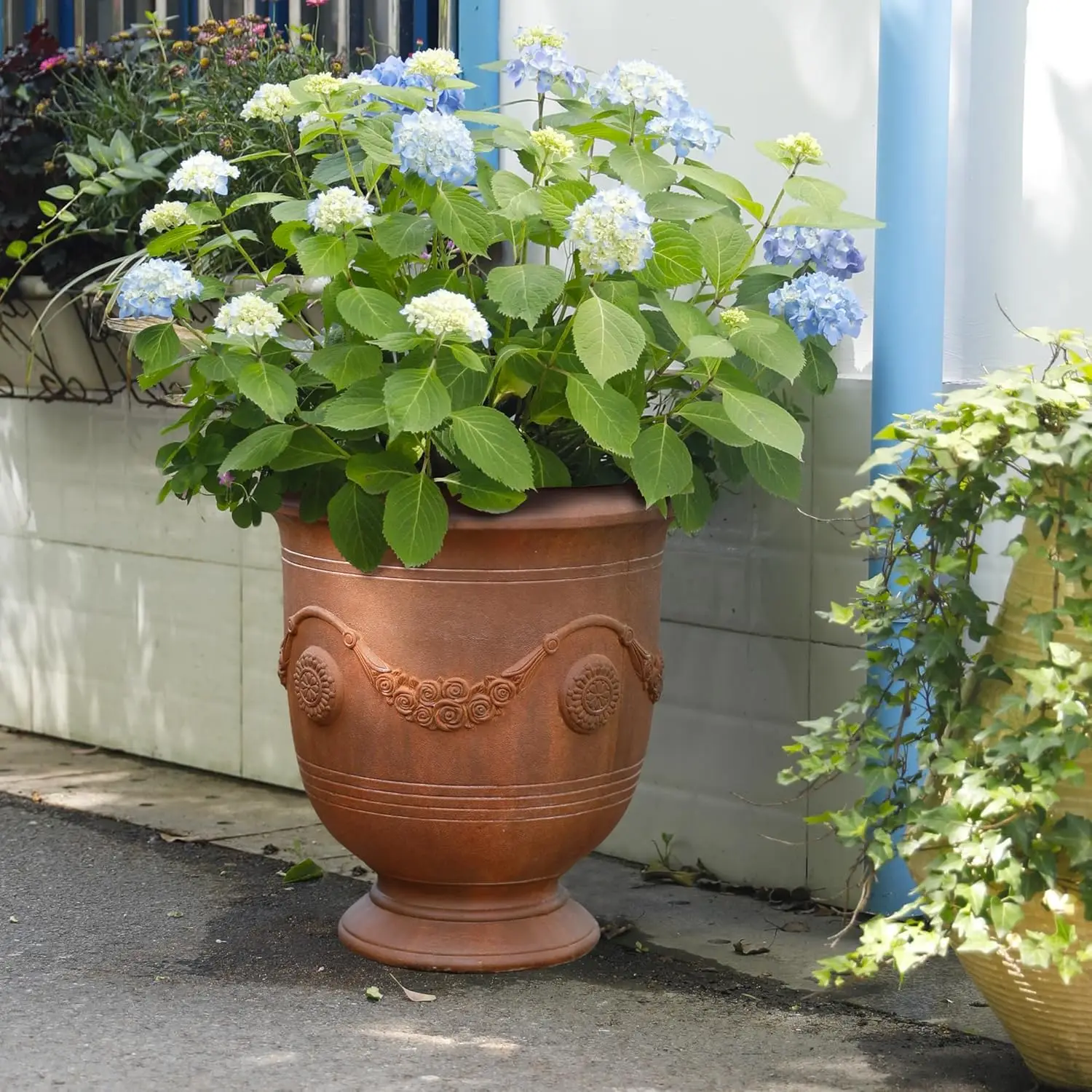 Garden Set of 2 17.5 & 23 in. H. Large Urn Cement Planters - Heavy Duty Concrete Urn Planter Box with Drainage