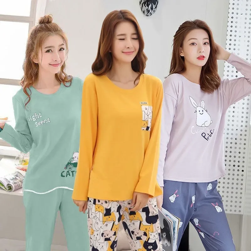 

2Pcs/set sexy ladies pajamas cartoon long-sleeved college students homewear big size round neck long sleeve long trousers young
