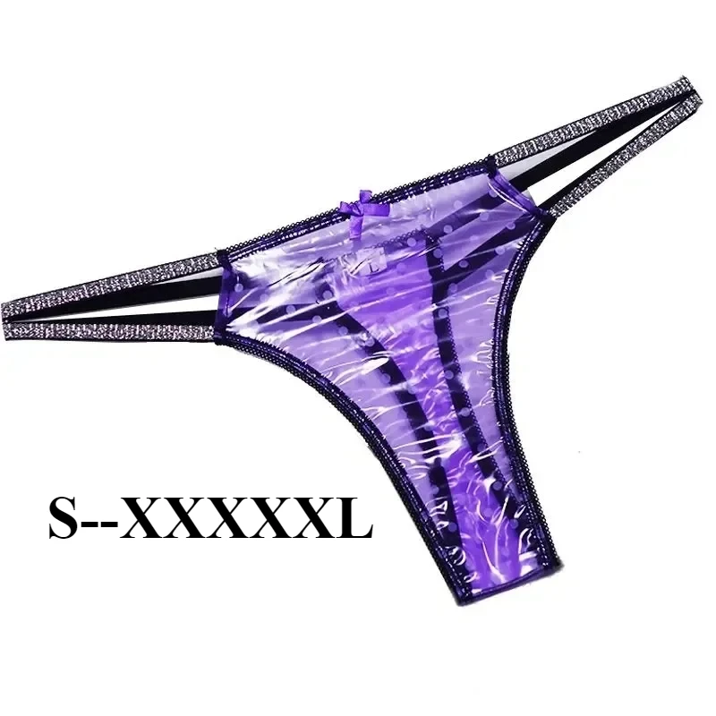 XXXXXL Women See Through PVC Dots Chic T- Briefs Pants Live Dance Club Sexy Costumes Plastic Lovers Underwear