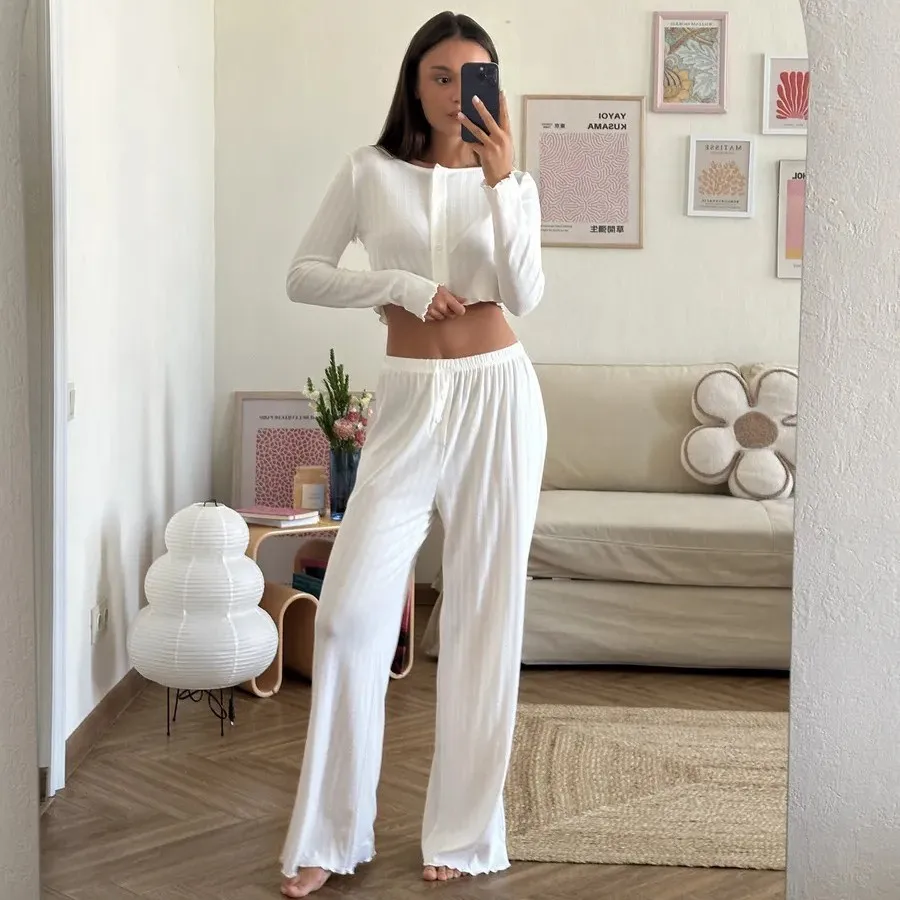 Spring and Autumn New Ladies Sexy Pajamas Homewear Suit Knitted Design Sense Containing Cotton Long-Sleeved Long Pants Suit