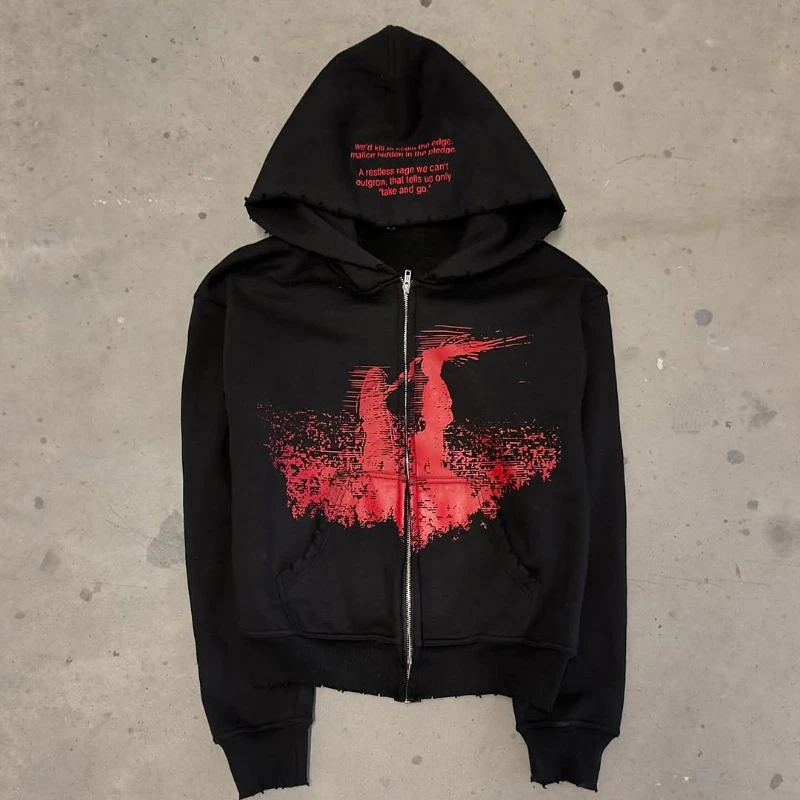 

Hip Hop Gothic Retro High Street Baggy Zip Up Hoodie Y2k Graphic Print American Zipper Hoodie Men's and Women's Sweatshirt