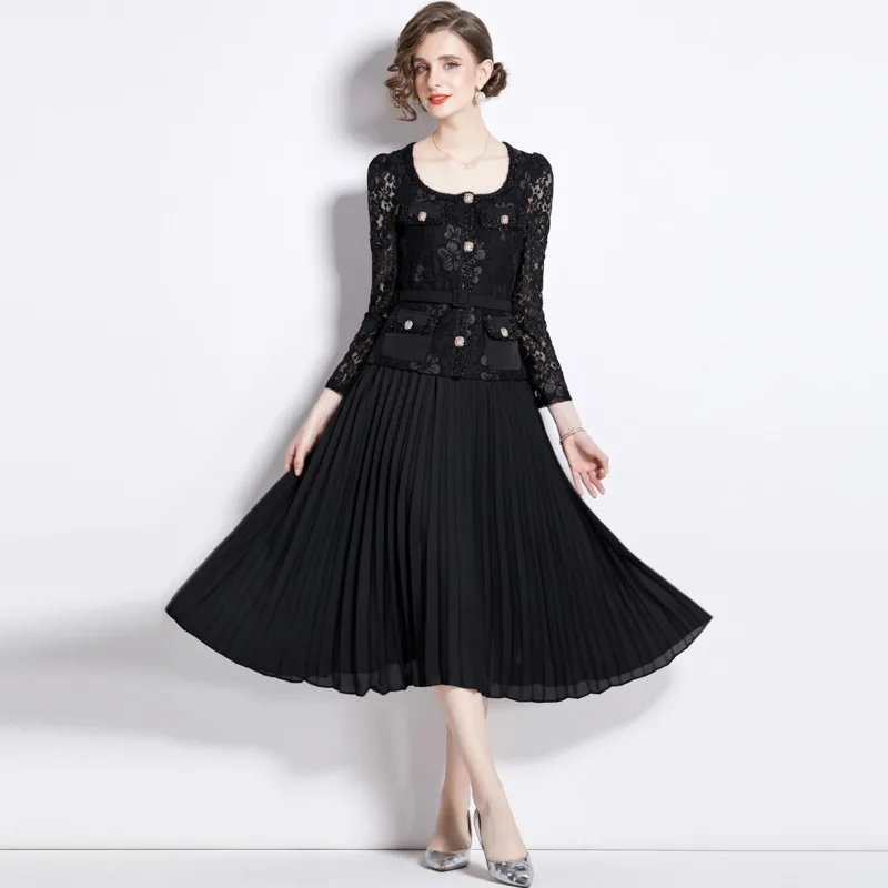 #2310 Black False Two Piece A-line Dress Lace Spliced Pleated Dress Belt High Waisted Midi Dress Ladies Vintage Office Elegant