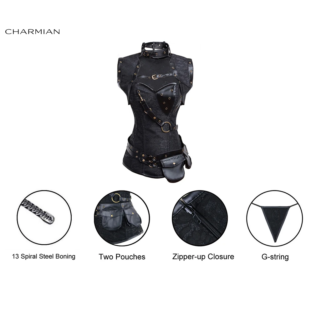 Charmian Steampunk Corset Black Women Retro Steel Boned Plus Size Leather Corset Top with Belt Bustier Halloween Gothic Clothes