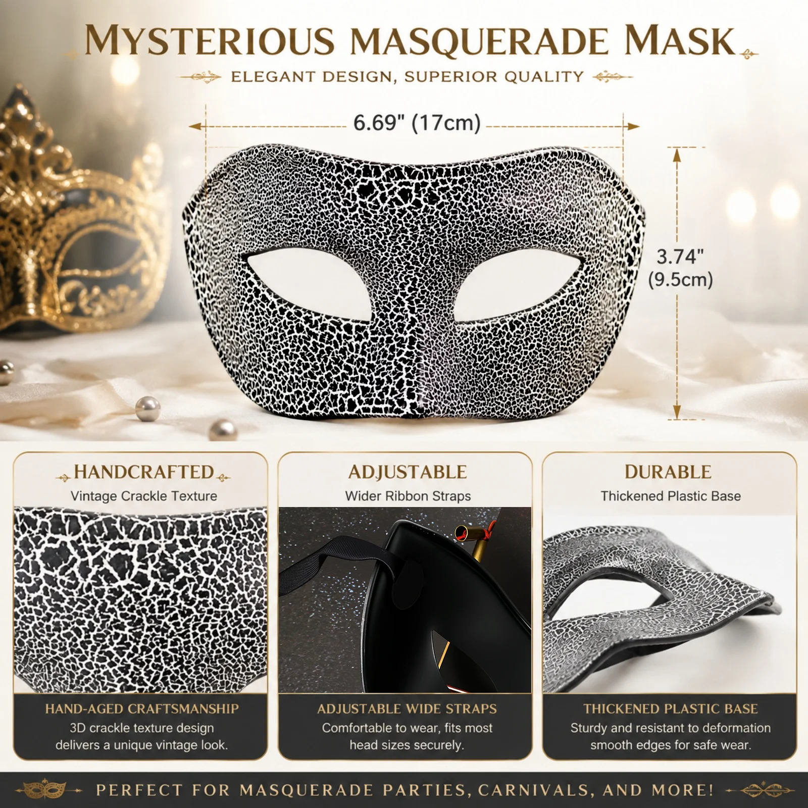 Venetian Masquerade Mask Vintage Crackle Pattern Half Face Mask Retro Mardi Gras Halloween Party Costume Eyemask 2Pcs Set Men