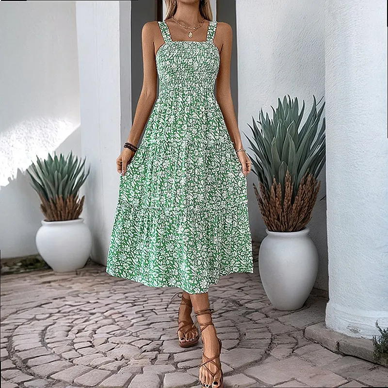 Floral Cami Dress Summer Sleeveless Long Dresses Sweet Fresh Pastoral Style Women Beach Vacation Sundress
