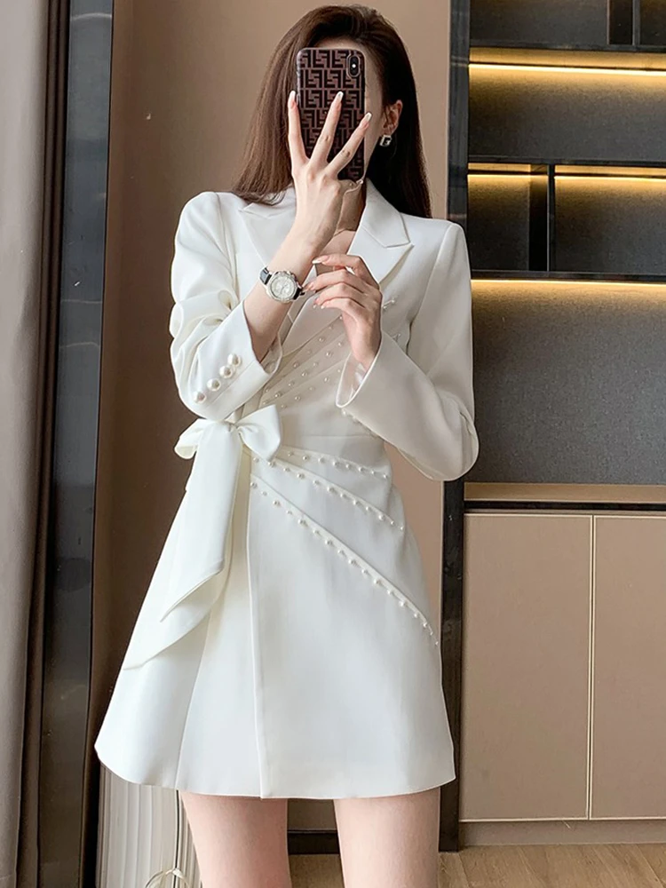 

Han Queen Korean Elegant Fashion Blazer Dress 2022 New Women Autumn Sheath Bodycon Dresses Lace-Up Bead Casual Party Vestidos