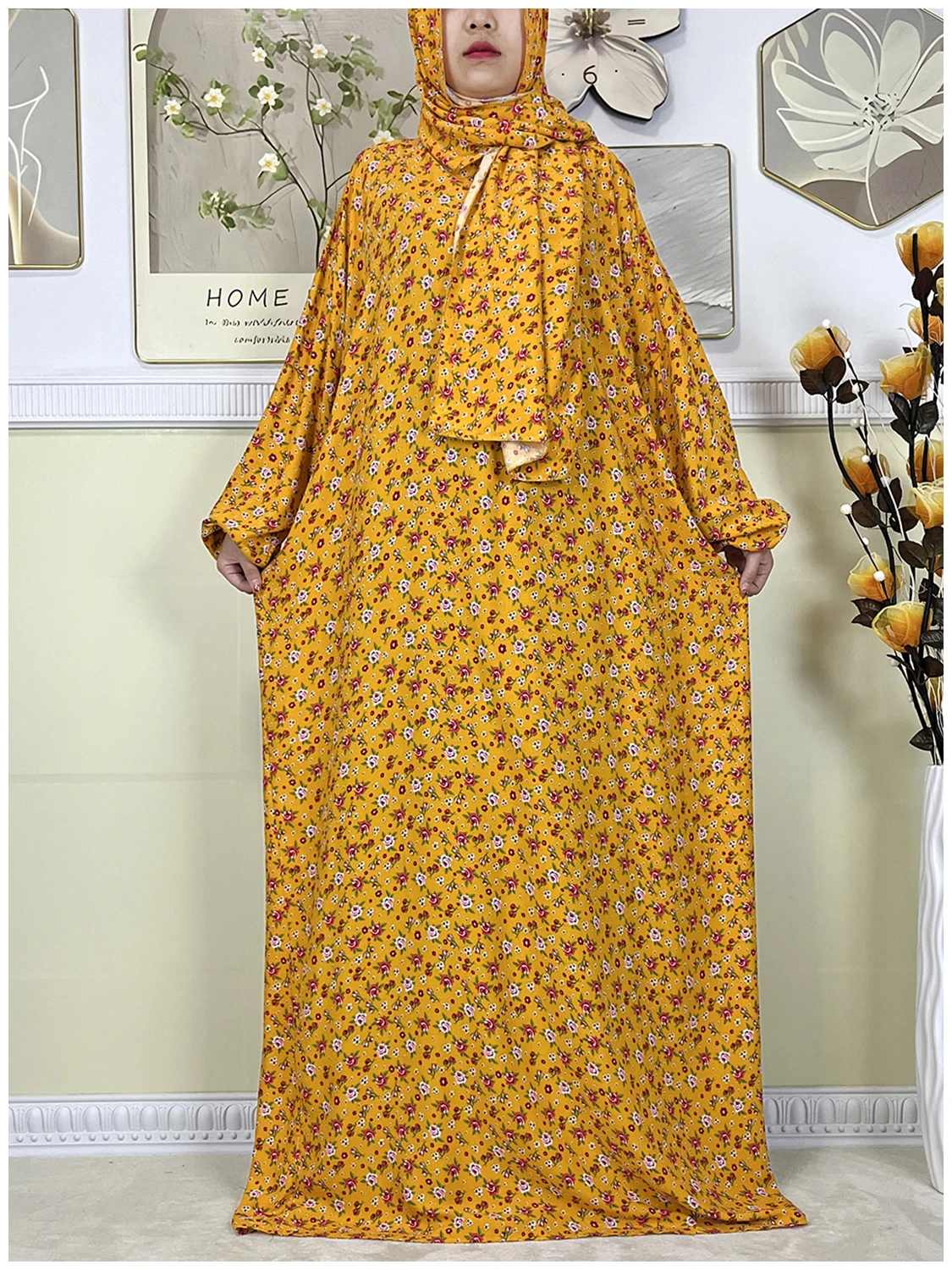 New Muslim Abayas For Women Ramadan Prayer Floral Loose Cotton Dubai Turkey Femme Robe African Traditional Dress Turban Attached