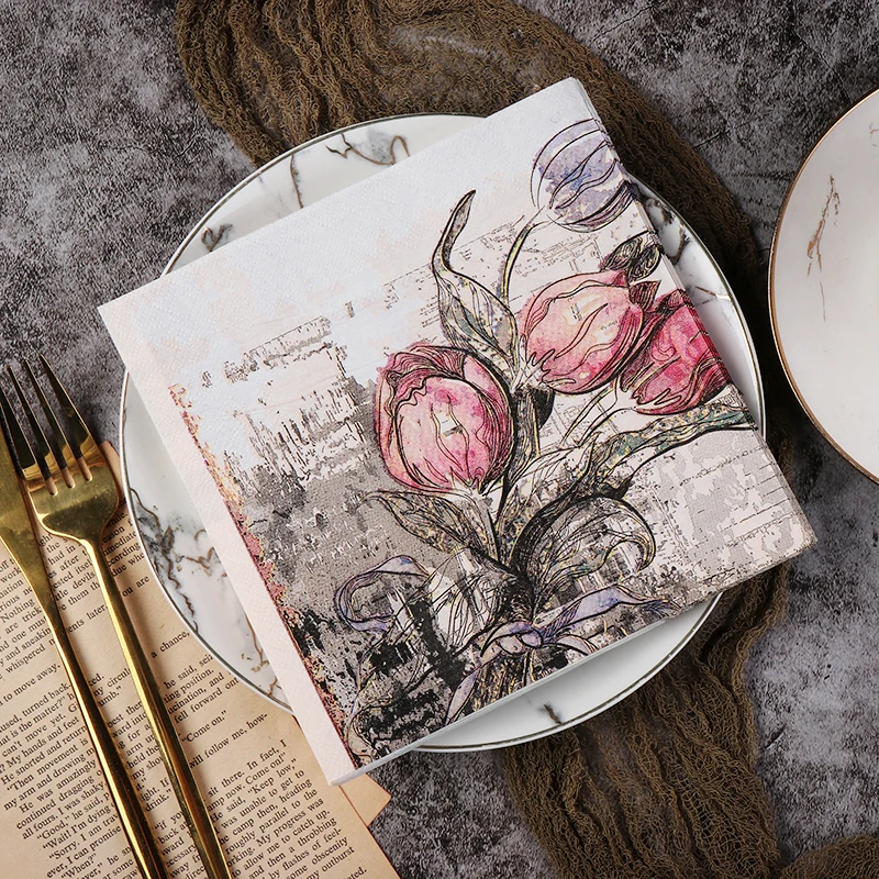 20pcs/Pac 33cm 2-Ply Vintage European Printed Napkins Colourful Paper Napkins Castle Flower Bone Print Party Paper Placemats