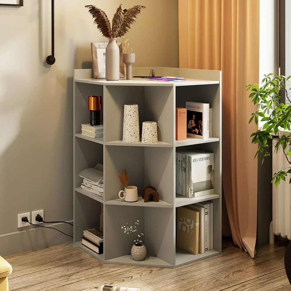 Bibliothèque d'angle en bois pour enfants, armoire d'angle 9 cubies, chargement sans fil, ports et sorties USB, bibliothèque d'angle à 3 niveaux