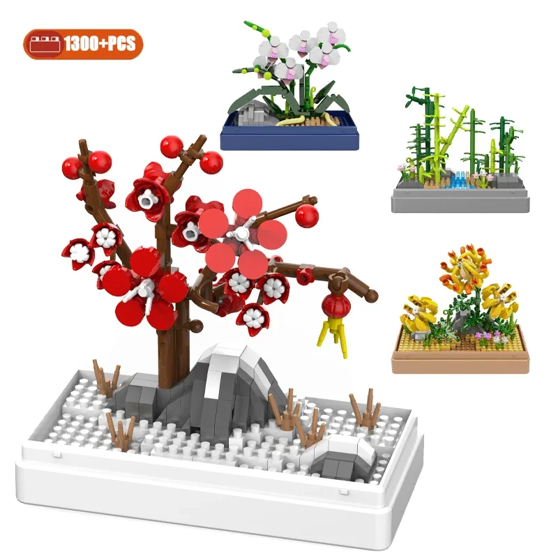 City Parks Street View Plum Blossom Chrysanthemum Assembling Building Blocks Orchid Flower Pot Model Bricks Children Toys Gift