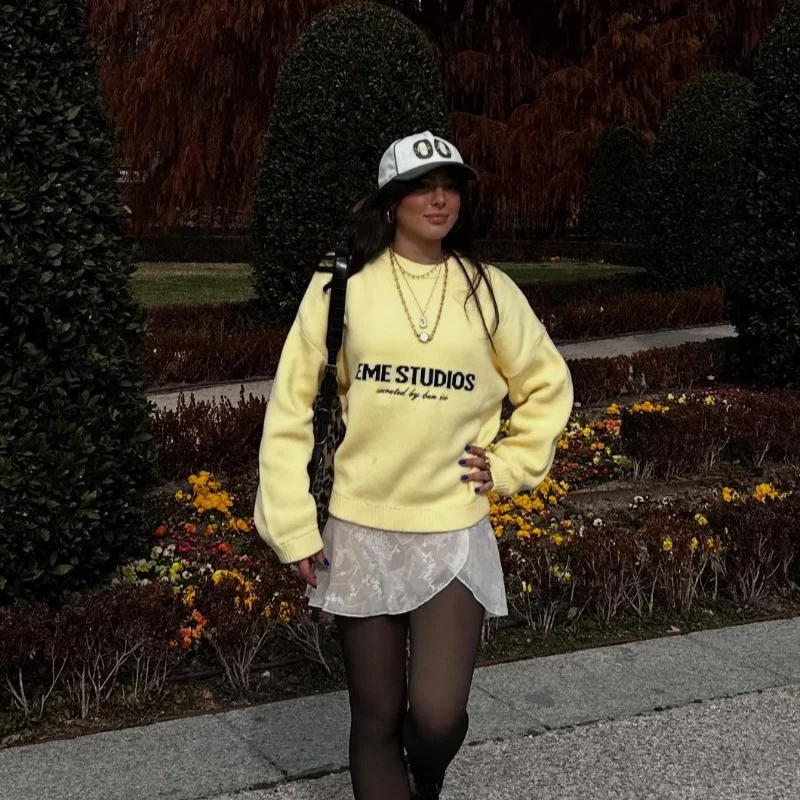 

Yellow Women's Sweater Casual Letter Printed Loose Knitted Pullover Long Sleeve Round Neck Knitwears 2025 New Winter Lady Tops