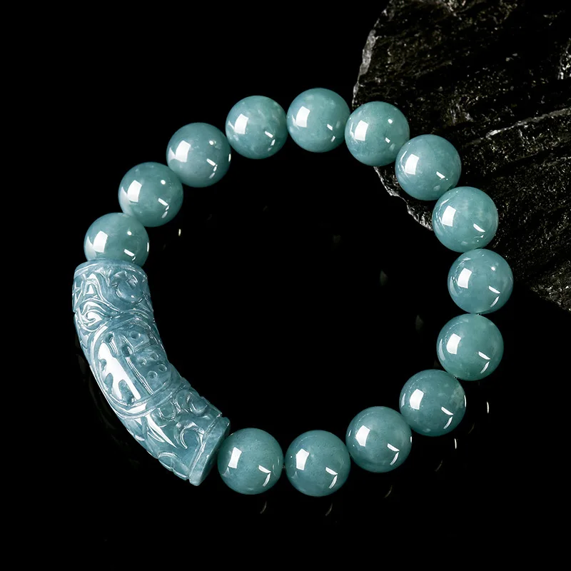 

Genuine Natural Jadeite Blue Water ‘Fu’ Character Curved Bracelet Ice-Type Jadeite Unisex Vintage Luxury Bracelet